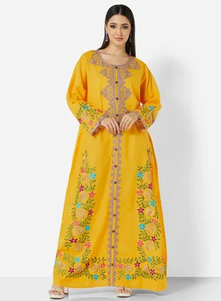 HIGH QUALITY SLUB RAYON JALBIYA WITH MULTICOLOR THICK MOROCAN THREAD EMBROIDERY 