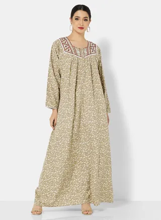 FLORAL PRINTED JALABIYA WITH UNIQUE THREAD EMBROIDERY 