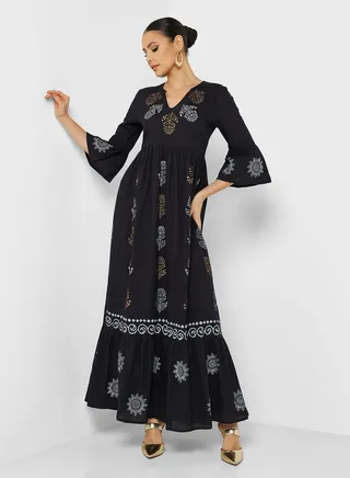 Printed V-Neck Jalabiya 