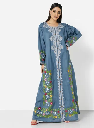 HIGH QUALITY SLUB RAYON JALABIYA WITH MULTI COLOR THICK MOROCAN THREAD EMBROIDERY 