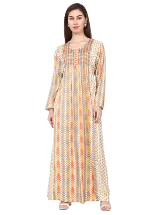 CASUAL ELEGANT PRINTED DESIGN WITH FRONT EMBROIDERY SMOCKING ARABIC KAFTAN JALABIYA DRESS 