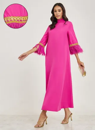 Faux Feather Trim Jalabiya with Lace Detail 
