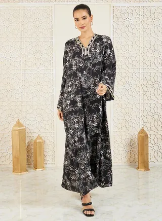 Pearl Lace Trim Floral Print Jalabiya 