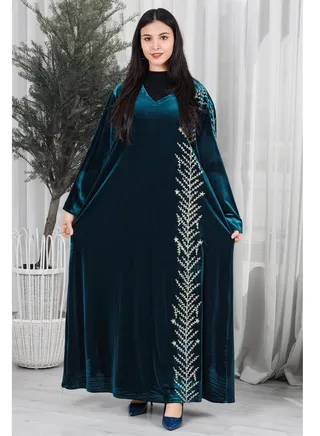 Blue velvet galabiya decorated with gold embroidery 