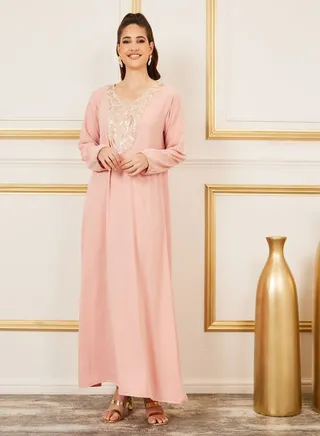 Embroidered Neckline Textured Jalabiya 