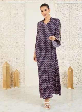 Embroidered Lace Trim AOP Jalabiya 