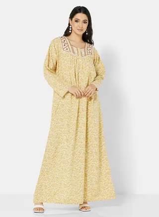 FLORAL PRINTED JALABIYA WITH UNIQUE THREAD EMBROIDERY 