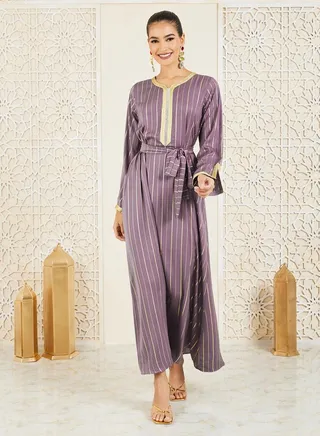 Foil Striped Lace Trim Jalabiya with Self Tie Up 