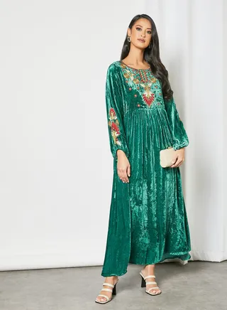 Embroidered Round Neck Trendy Modest Jalabiya Green 