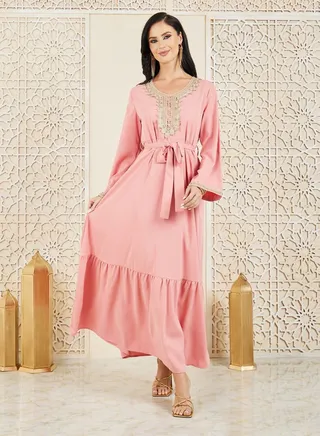 Embroidered Lace Neckline Self Tie Up Tiered Jalabiya 
