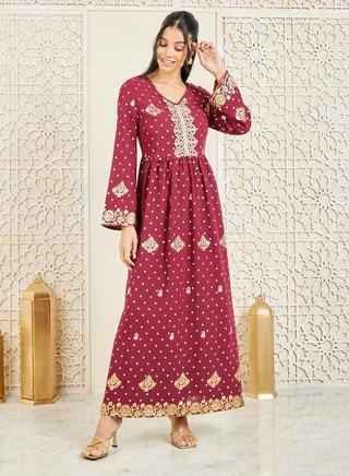Lace Detail Foil Print Jalabiya 