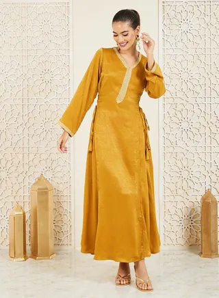 Satin Embroidered Lace Detail Side Tie Up Jalabiya 