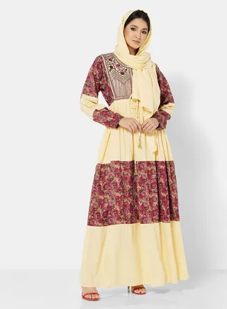 COMPUTER EMBROIDERED BEIGE COMMON RAYON PRINTED JALABIYA WITH TIEKNOTS WITH SCARF 