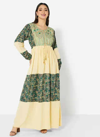 COMPUTER EMBROIDERED BEIGE COMMON RAYON PRINTED JALABIYA WITH TIEKNOTS WITH SCARF 