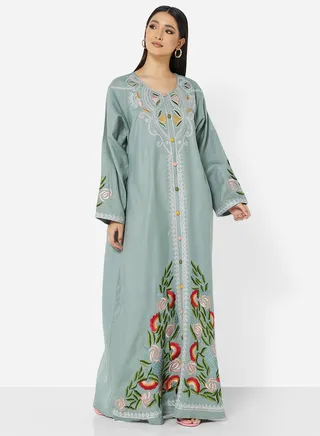 HIGH QUALITY SLUB RAYON JALBIYA WITH MULTICOLOR THICK MOROCAN THREAD EMBROIDERY 