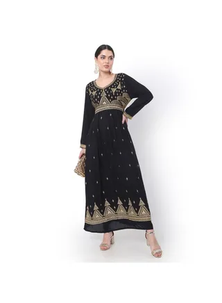 LONG EMBROIDERED VISCOSE SOLID BLACK COLOUR ARABIC JALABIYA DRESS 