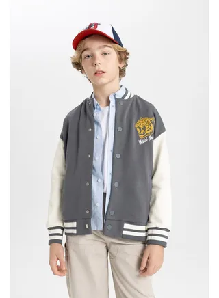 Boy Oversize Fit Band Neck Long Sleeve Knitted Cardigan 