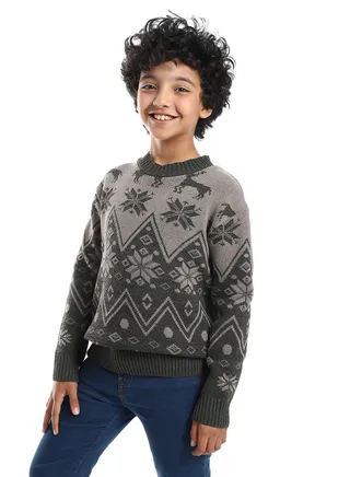 Wool Boys Pullover With Multi Design 