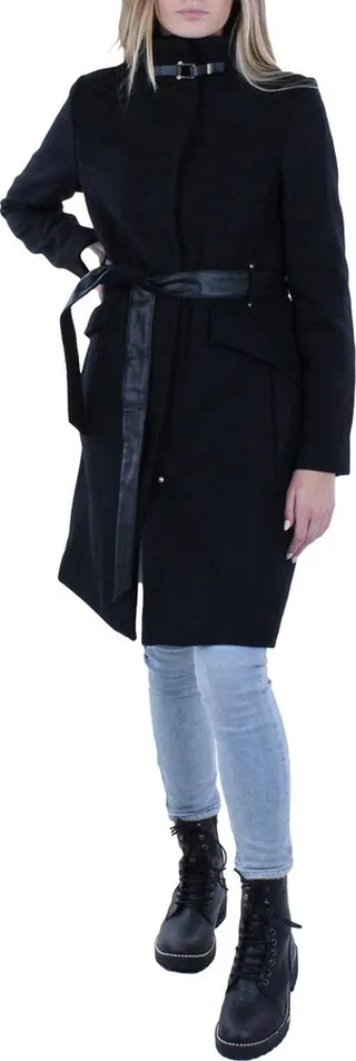 Womens Wool Blend Faux Leather Trim Wrap Coat
