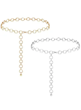 Metal Waist Chains for Woman Girls 2 Pack Adjustable Body Link Belt Set Stylish Belly Jewelry with Polished O-Rings All Over Links Metal Link Chain for Jeans and Dresses (Gold+Silver) 