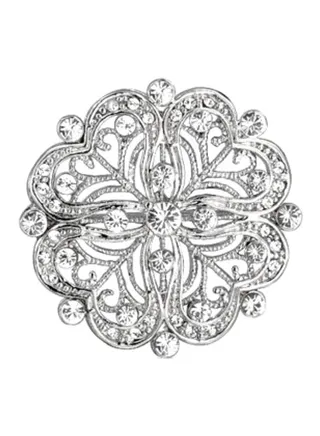 Rhodium Plated Brass Cubic Zirconia Studded Floral Heart Brooch 