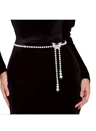 Pearl Waist Chain for Women Girls Adjustable Body Link Belt With Butterfly Buckle Fashion Belly Faux Pearl Jewelry Belly Waist Chain Summer Body Beach Jewelry for Jeans Dresses 