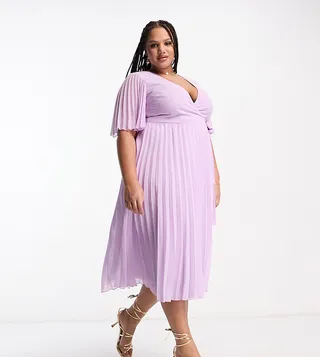 ASOS DESIGN Curve exclusive pleated midi dress with kimono sleeve and tie waist in lilac