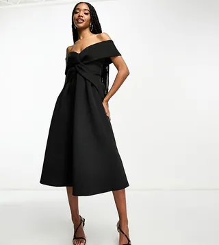 ASOS DESIGN Tall twist off the shoulder prom skater midi dress in black