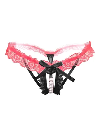 Hollow Lace Pearl Briefs Pink/Black 