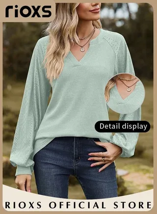 Women's V-neck Long Sleeve Shirt Knitted Loose Sleeves Fitted Solid Color Jacquard Tops Soft and Comfortable Pullover Shirt 
