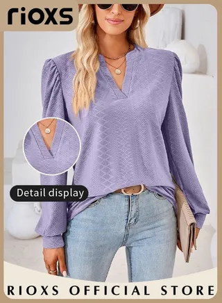 Women's V-neck Long Sleeve Blouse Knitted Loose Sleeves Solid Color Jacquard Tops Soft and Comfortable Pullover Shirt 