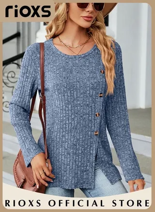 Women's Casual Round Neck Long Sleeve Sweater Button Split Loose Pullover Shirt Soft and Comfortable Top for Fall and Winter 