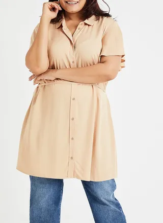 Collared Waist Tie Tunic Beige 