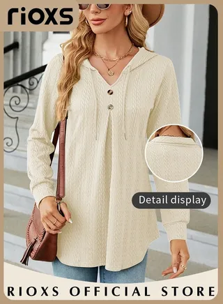Women's V-neck Button Long Sleeve Shirt Hooded Knitted Fitted Solid Color Tops Soft and Comfortable Pullover Shirt 
