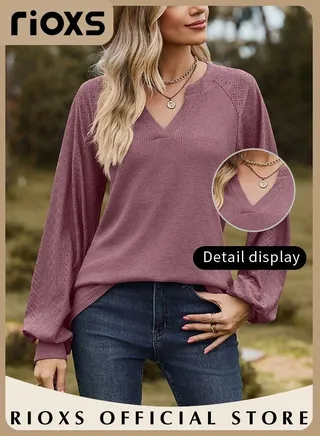 Women's V-neck Long Sleeve Shirt Knitted Loose Sleeves Fitted Solid Color Jacquard Tops Soft and Comfortable Pullover Shirt 