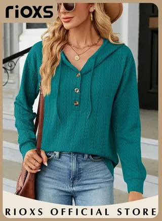 Women's Solid Color V-neck Button Long Sleeve Shirt Hooded Knitted Jacquard Tops Soft and Comfortable Pullover Shirt 