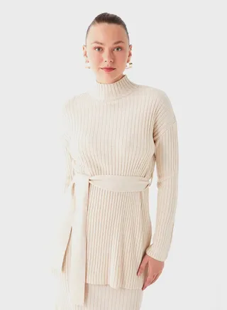 High Neck Ribbed Belted Tunic 