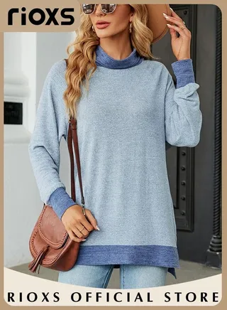 Women's Long Sleeve Fitted Tunic Knitted Solid Color Tops Contrast Collar Cuff and Hem Soft and Comfortable Pullover Tunic 