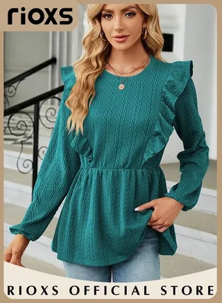Women's Round Neck High Waist Long Sleeve Blouse Shirt Pleated Stitching Jacquard Solid Color Elastic Hem Peplum Top 