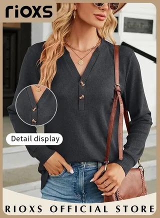 Women's V-neck Button Long Sleeve Shirt Elegant Plain Color Jacquard Top Soft and Comfortable Pullover Shirt for Office Work 