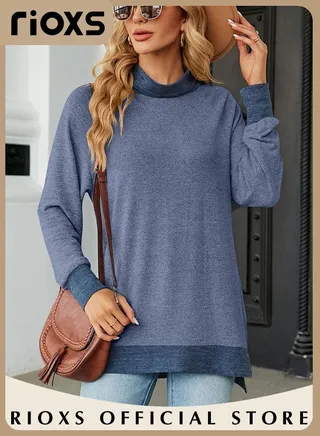Women's Long Sleeve Fitted Shirts Knitted Solid Color Tops Contrast Collar Cuff and Hem Soft and Comfortable Pullover Shirt 