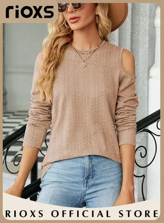 Women's Casual Long Sleeve Blouse Round Neck Off-Shoulder Pullover Shirt Soft and Comfortable Top for Fall 