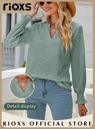 Women's V-neck Long Sleeves Shirt Knitted Ruffle Cuff Solid Color Jacquard Tops Soft and Comfortable Pullover Shirt 