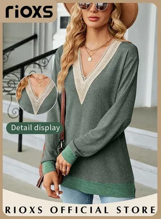 Women's Lace Stitching V-neck Long Sleeve Blouse Knitted Contrast Cuff Solid Color Tops Soft and Comfortable Pullover Shirt 