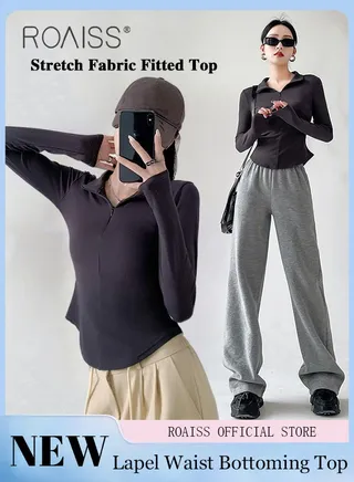 Ladies Collared Top Solid Color Design Waist Defining Cut Figure Hugging Silhouette Half Zip High Neck Design with Stretchy Fabric Women Fashionable and Personalized Top 