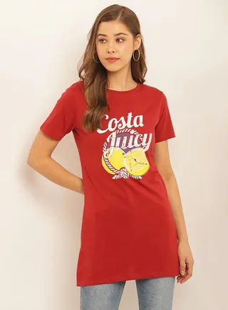 Printed Round Neck Casual Wear Tunic Rust Red 