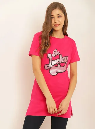 Printed Round Neck Casual Wear Tunic Rose Pink 