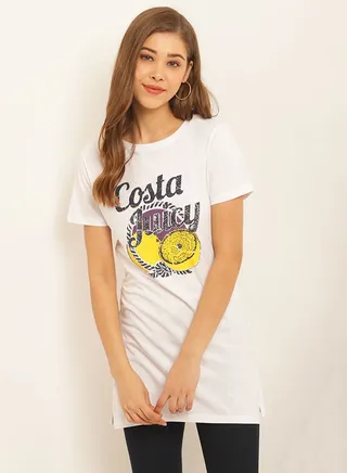 Printed Round Neck Casual Wear Tunic White 
