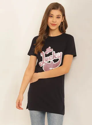 Printed Round Neck Casual Wear Tunic Black 