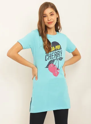 Printed Round Neck Casual Wear Tunic Aqua Blue 